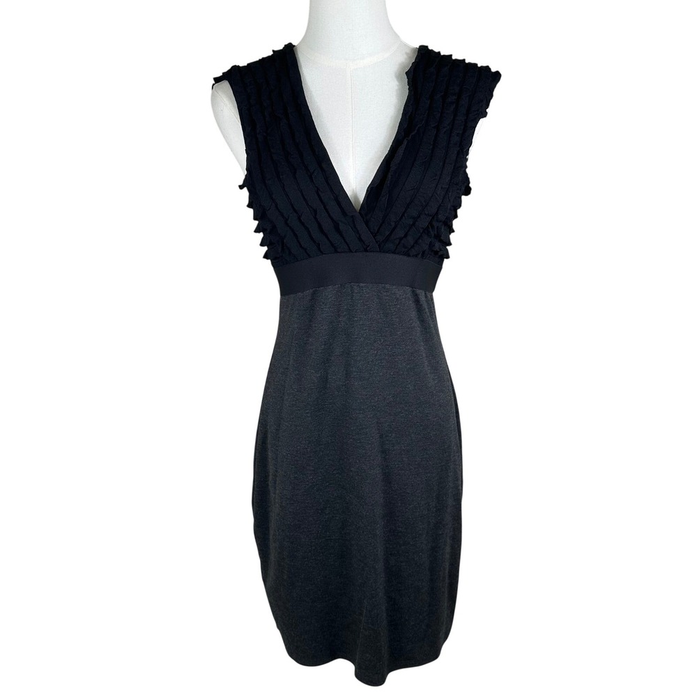 Max Studio Sheath Dress Women M Charcoal Black Ruffle Bodice Office Minimalist